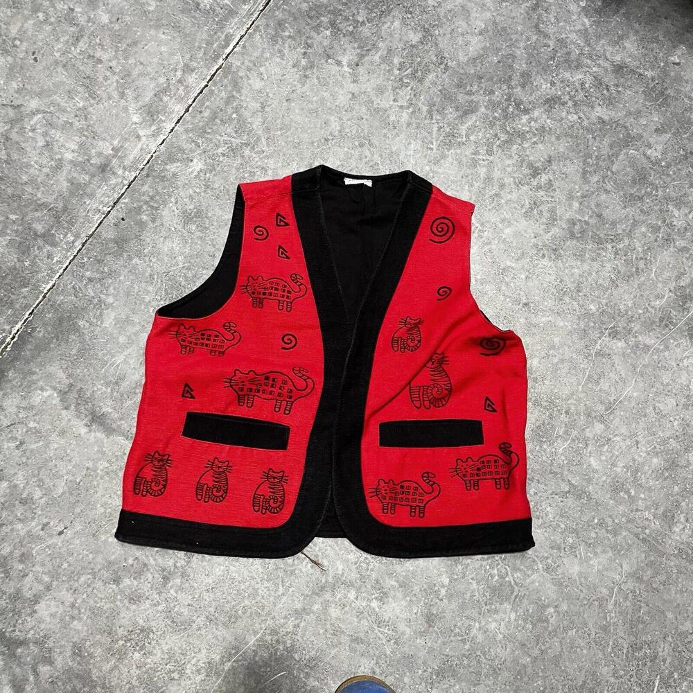 Vintage Venus Imports Vest Women's Small Cats Red Black Cat Buttons